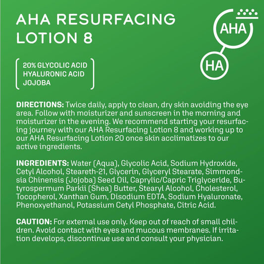 DCL Skincare AHA Resurfacing Lotion 8, 8% Glycolic Acid exfoliates while hydrating, reducing fine lines with Hyaluronic Acid, Vitamin E, Shea Butter, Jojoba, Green Tea 1.7