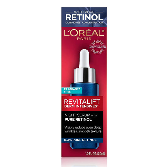 L'Oreal Paris Revitalift 0.3% Pure Retinol Night Serum, Reduce Deep Wrinkles, Fragrance Free 1  + Moisturizer Sample