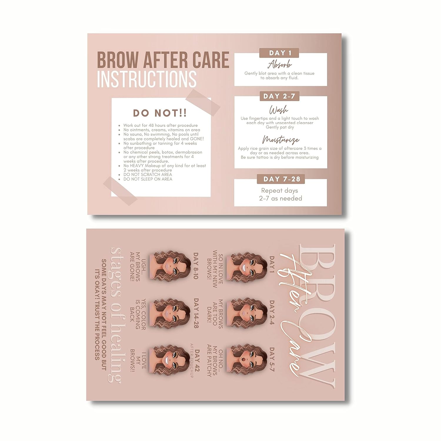 PMU Eyebrow Powder Brow Microblading Aftercare Instruction Cards - 4x6 Inches - Front and Back Stages of brow healing