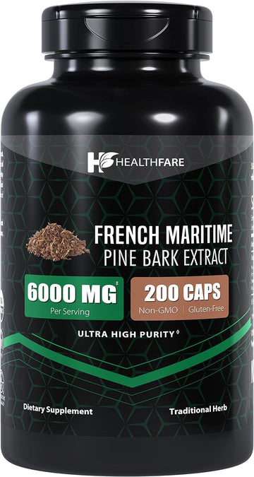 French Maritime Pine Bark Extract Organic | 6000 Mg | 200 Capsules | Standardized To Contain 95% Proanthocyanidins | Non-Gmo Gluten Free | Ultra High Purity Max Potency Extract Formula