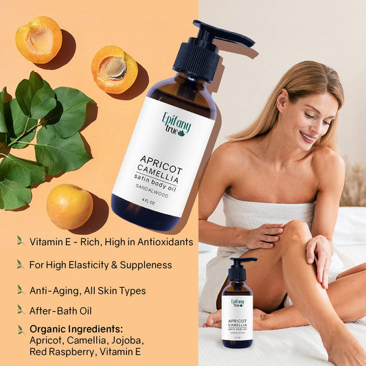 Epifany True Apricot & Camellia Satin Body Oil 4 | Nourishing Vitamin-E Rich in Antioxidants | Dry Skin Moisturizer | Promotes Skin Elasticity | After Bath Body Oil for Men & Women