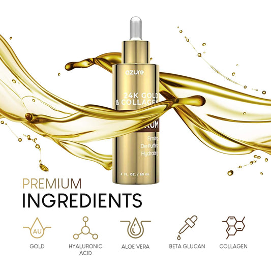 AZURE 24K Gold & Collagen Anti Aging Eye Serum - Firming, De-Puffing & Hydrating | Reduces Wrinkles, Fine Lines & Under Eye Bags | Minimize Signs of Aging | Made in Korea - 60mL