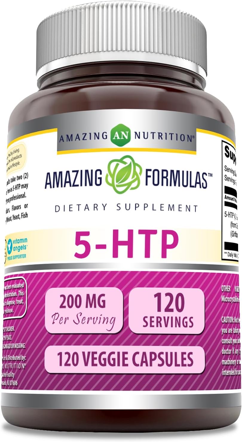 Amazing Formulas 5 HTP L-5-Hydroxytryptophan 200 mg | Made from Griffonia Simplicifolia Seed Extract | 120 Veggie Capsules | Non-GMO | Gluten Free | Made in USA