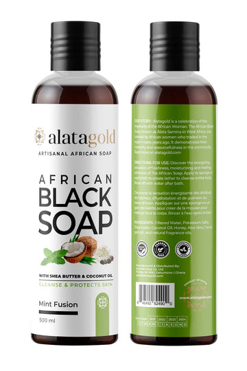 AlataGold Authentic African Black Soap Shower Gel (16.9 ) – Shea Butter, Honey, Aloe Vera & Coconut Oil Body Wash For Sensitive Skin. Helps with Acne - Cleanse & Moisturize. PACK OF 2 (Mint)