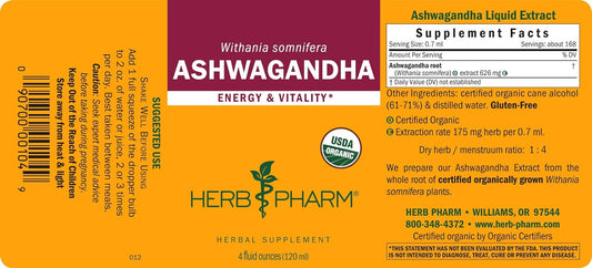Herb Pharm Certified Organic Ashwagandha Extract for Energy and Vitali