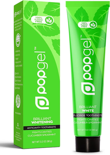 PopGel Brilliant White Toothpaste - Spearmint - 100% Plastic Free Toothpaste - Anticavity uoride Toothpaste - Vegan - Clean Ingredients - SLS & Paraben Free (Spearmint & Cucumber)