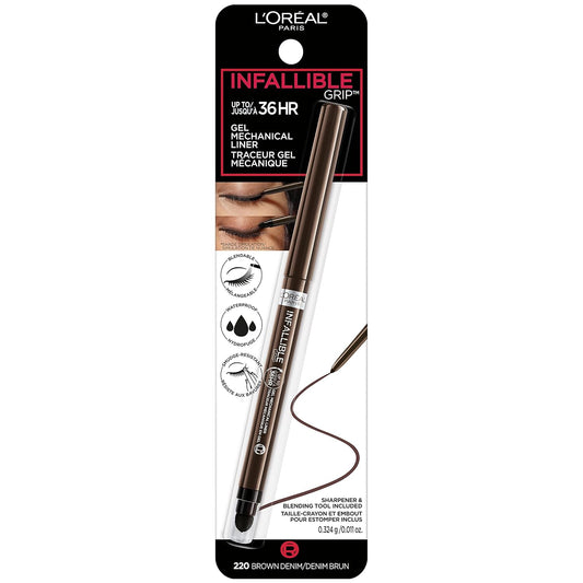 L’Oréal Paris Infallible Grip Mechanical Gel Eyeliner Pencil, Smudge-Resistant, Waterproof Eye Makeup with Up to 36HR Wear, Brown Denim, 1 Kit