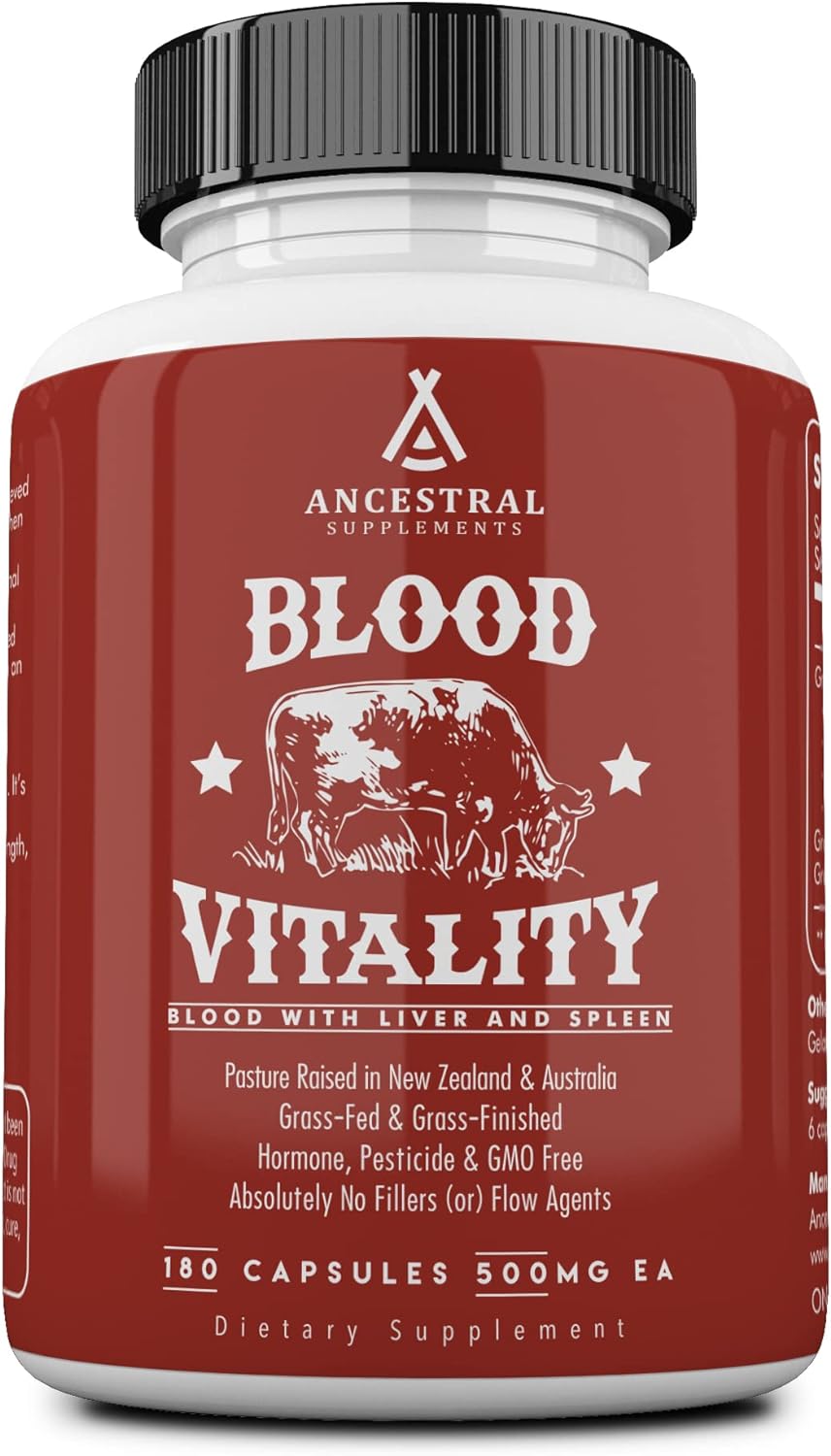 Ancestral Supplements Grass Fed Blood Is Blood, Liver & Spleen Formula, 500Mg, Grass Fed Beef Supplement, Red & White Blood Cell Formation, Immune And Heart Health Support, Non Gmo, 180 Capsules