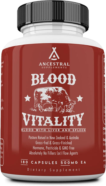 Ancestral Supplements Grass Fed Blood Is Blood, Liver & Spleen Formula, 500Mg, Grass Fed Beef Supplement, Red & White Blood Cell Formation, Immune And Heart Health Support, Non Gmo, 180 Capsules