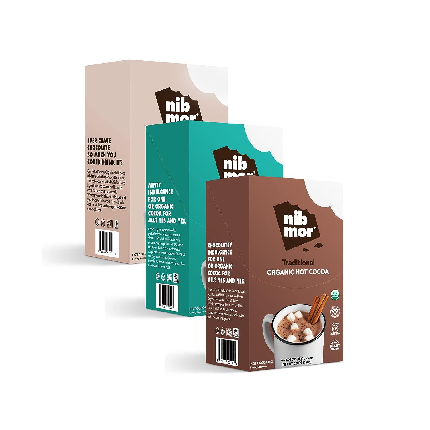 Nib Mor Vegan Hot Chocolate Packets Or Cold Drinking Chocolate Mix | Variety Pack | Pack Of 18 Sachets, 6 Mint, 6 Traditional, 6 Extra Creamy | Gluten Free, Organic Hot Cocoa