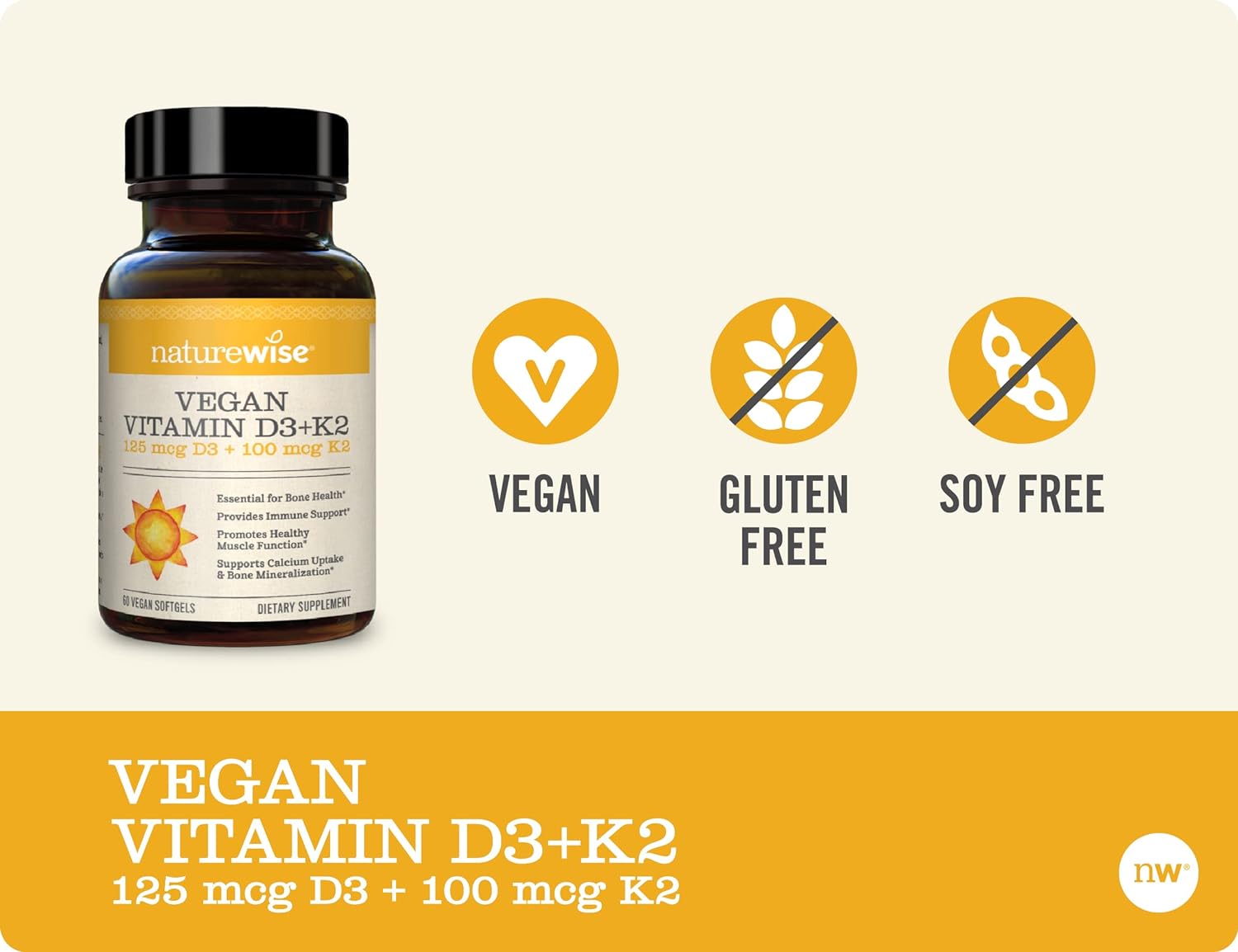 NatureWise Vegan Vitamin D3 5000iu (125 mcg) + Vitamin K2 (100mcg Vita