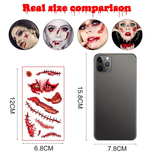 YOKSAS Halloween Wounds Scars Temporary Tattoo,20 Sheets Horror Bloody Kids Adults Face Makeup Tattoos