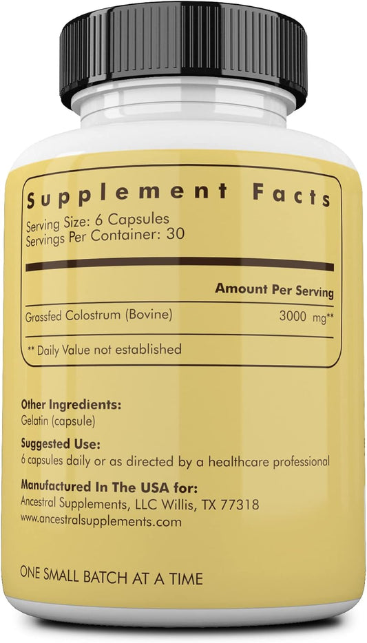 Ancestral Supplements Grass Fed Beef Colostrum Supplement, 3000 Mg, Offers Immune Support And Promotes Gut Health, Athletic Performance, Healthy Iron Levels, Growth And Repair, Non Gmo, 180 Capsules