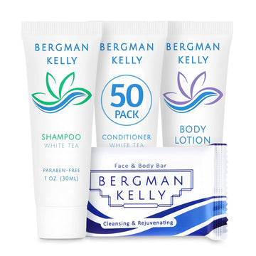 BERGMAN KELLY Hotel Toiletries Bundle (White Tea, 1  each, 200 Pieces) 4-Piece Set: 50 Rectangular Bar Soap, 50 Shampoo, 50 Conditioner & 50 Body Lotion - Bulk Mini Guest Amenities
