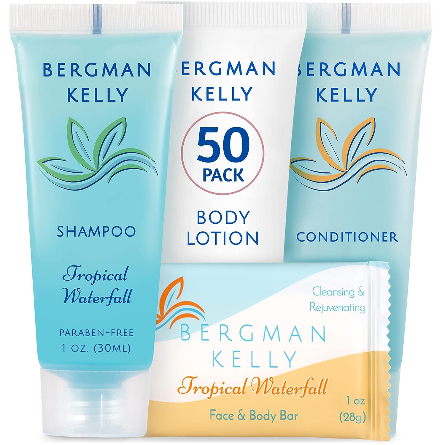 BERGMAN KELLY Hotel Toiletries Bundle (Tropical Waterfall, 1  each, 200 Pieces) 4-Piece Set: 50 Rectangular Bar Soap, 50 Shampoo, 50 Conditioner & 50 Body Lotion - Bulk Mini Guest Amenities