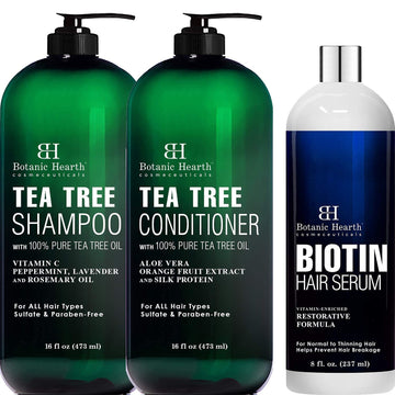 Botanic Hearth Tea Tree Shampoo & Conditioner Set (16  each) and Biotin Hair Serum (4 ) Bundle