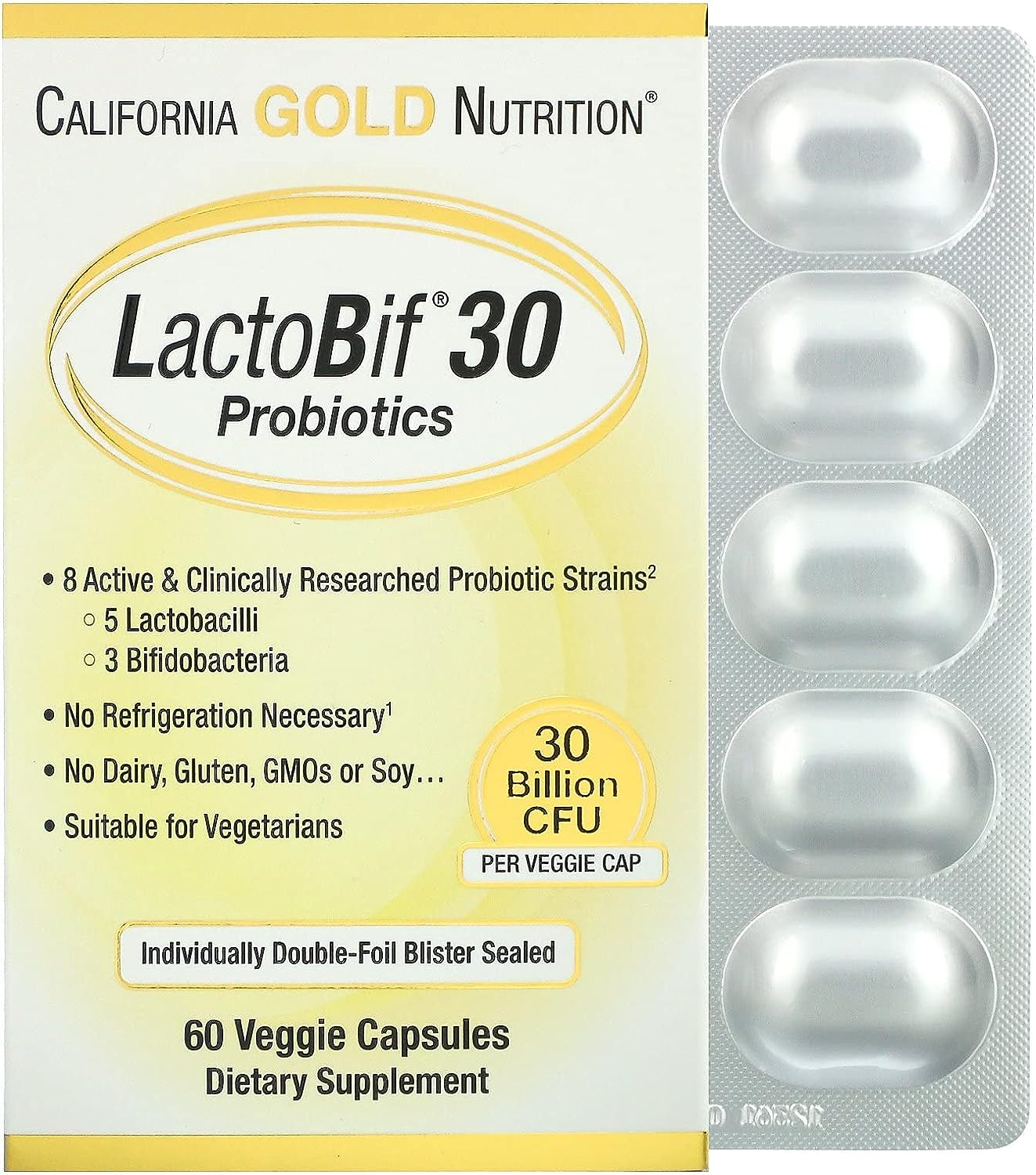 Lactobif Probiotics, 30 Billion Cfu, 60 Veggie Capsules, California Go2.12 Ounces