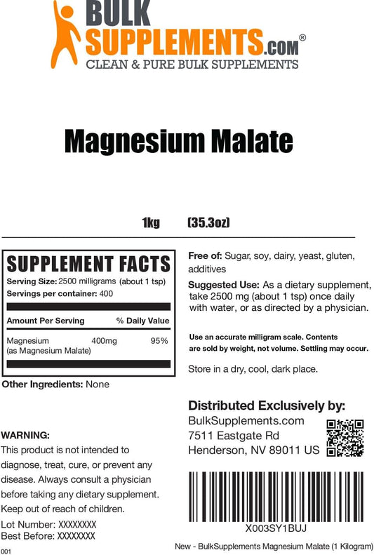 BulkSupplements.com Magnesium Malate Powder - Magnesium Supplement, Pure Magnesium Malate, Magnesium Malate 400mg - High