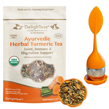DelighTeas Ayurvedic Turmeric Ginger Tea | USDA Organic Loose Leaf Herbal Tea for joint support | Non-GMO, Caffeine Free, Unsweetened | 75 Servings,  | with BPA-Free Tea Infuser