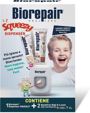 Biorepair Set Squeezy Dispenser and 2 Kids 0-6 Oral Care Toothpaste 1.7. 50