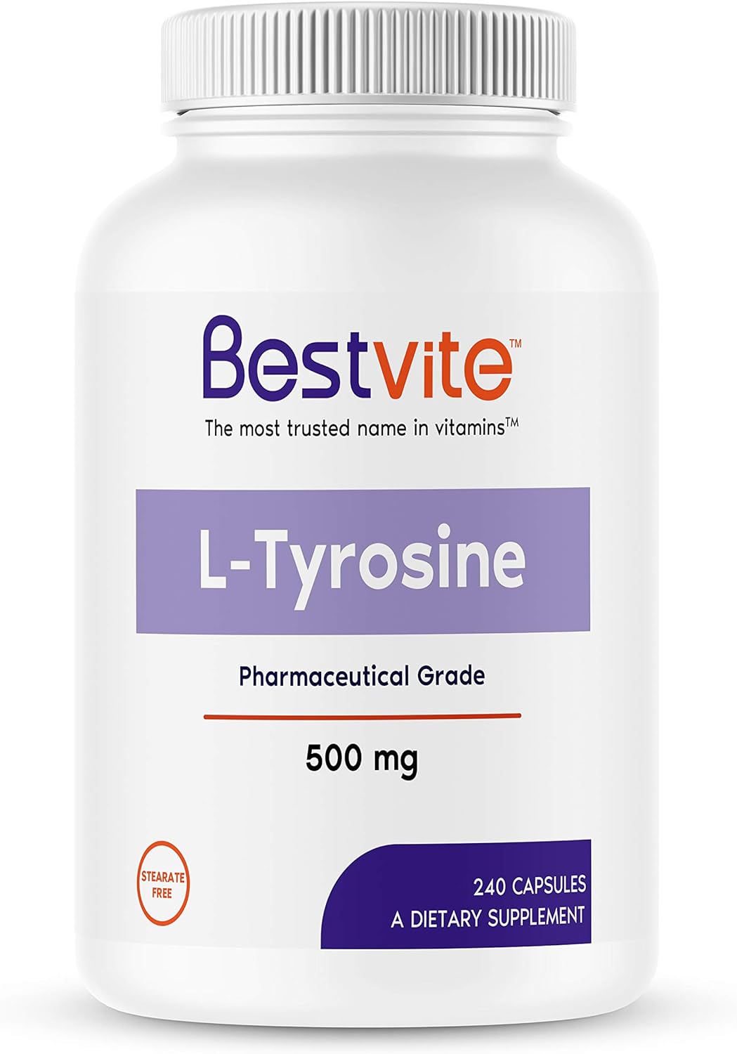 BESTVITE L-Tyrosine 500mg (240 Capsules) - No Stearates - Non GMO - Gl