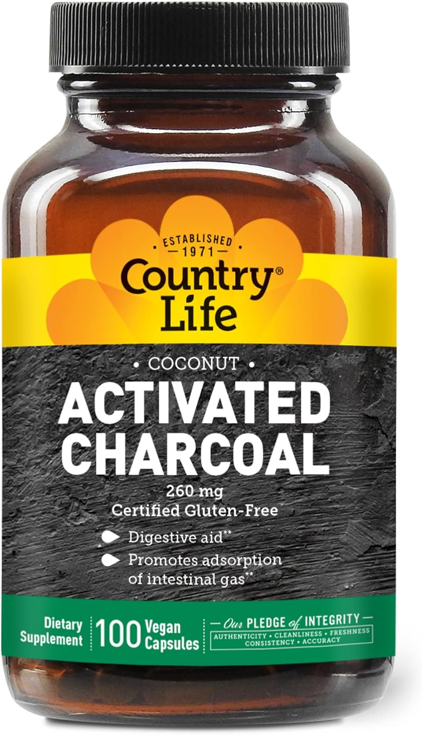 Country Life Activated Charcoal, Digestive Aid, 260Mg, 100 V
