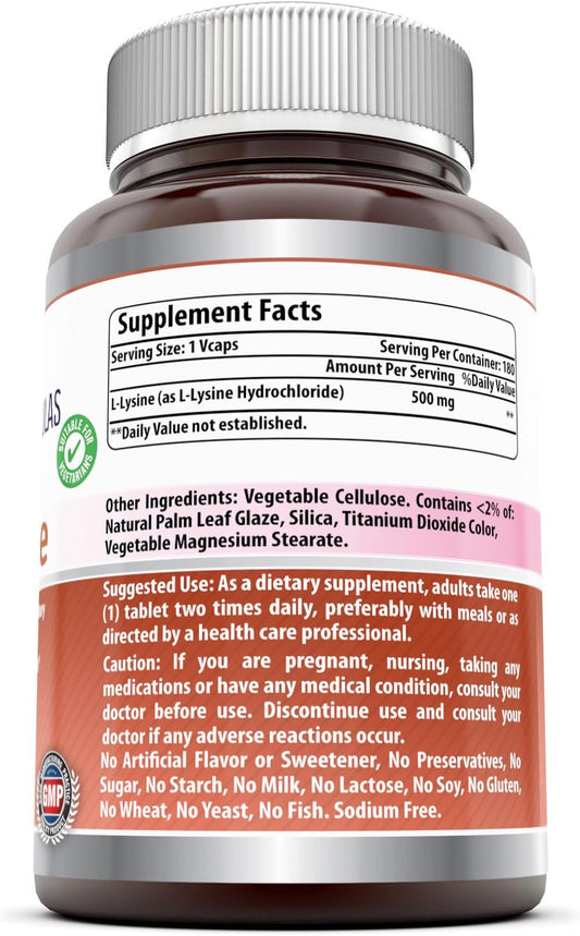 Amazing Formulas L-Lysine - 1000mg Amino Acid Vitamin Tablets (Non-GMO) - Commonly Used for Cold Sores, Immune Support, Respiratory Health & More - 180 Vegetarian Tablets Per Bottle
