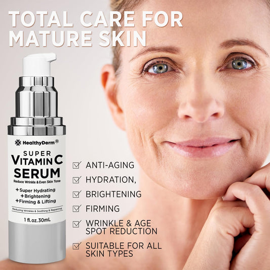 Age-Defying Super C Serum for Women Over 50: Niacinamide, Vitamin C, Hyaluronic Acid, Peptides, Vitamin E, Caffeine, Bakuchiol, Brightening, Hydrating, Lifting, Wrinkle & Age Spots Reduction