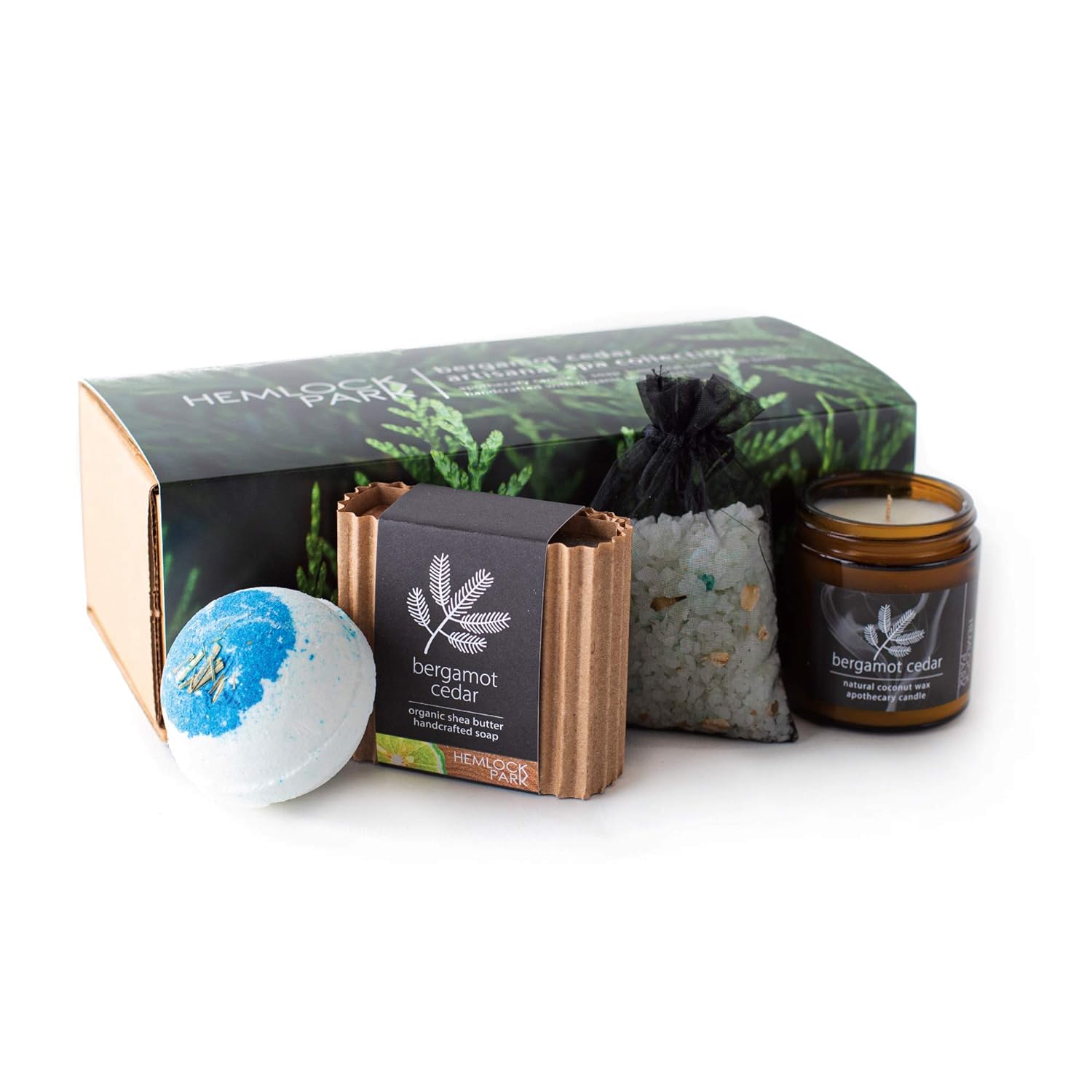 Heock Park Artisanal Spa Collection | Apothecary Candle, Shea Butter Soap, Bath Bomb, Mineral Salt Bath Soak | Handcrafted with Organic Ingredients (Bergamot Cedar)
