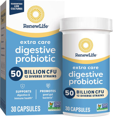 Renew Life Extra Care Digestive Probiotic Capsules, 50 Billion CFU Gua1.8 Ounces