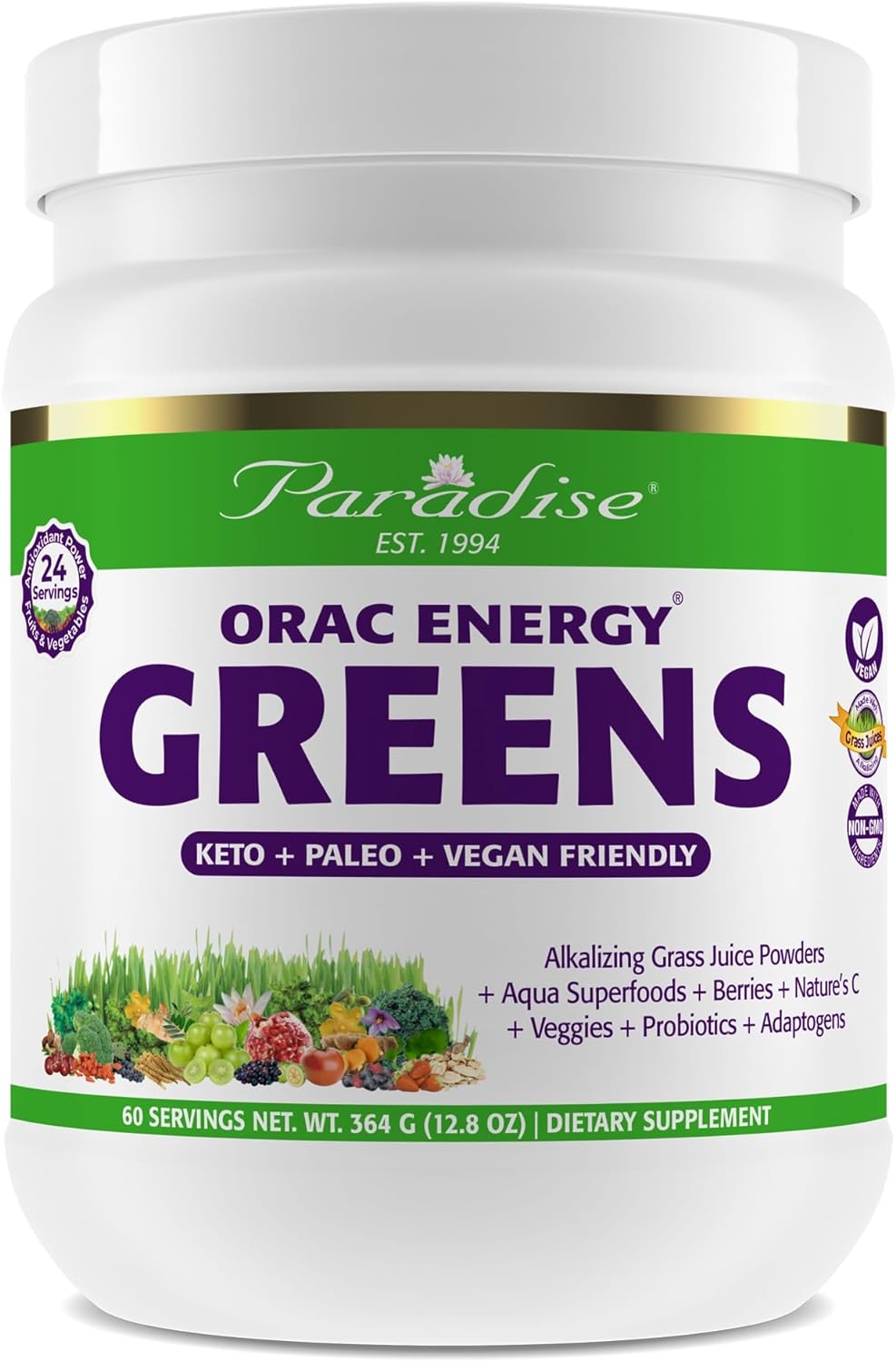 Paradise, Orac Energy Greens Powder Extract, Super Antioxidants, Probiotics For Gut Health & Digestion, Vitamin C For Immunity, With Spirulina & Chlorella, Non-Gmo, Gluten Free, 60 Servings