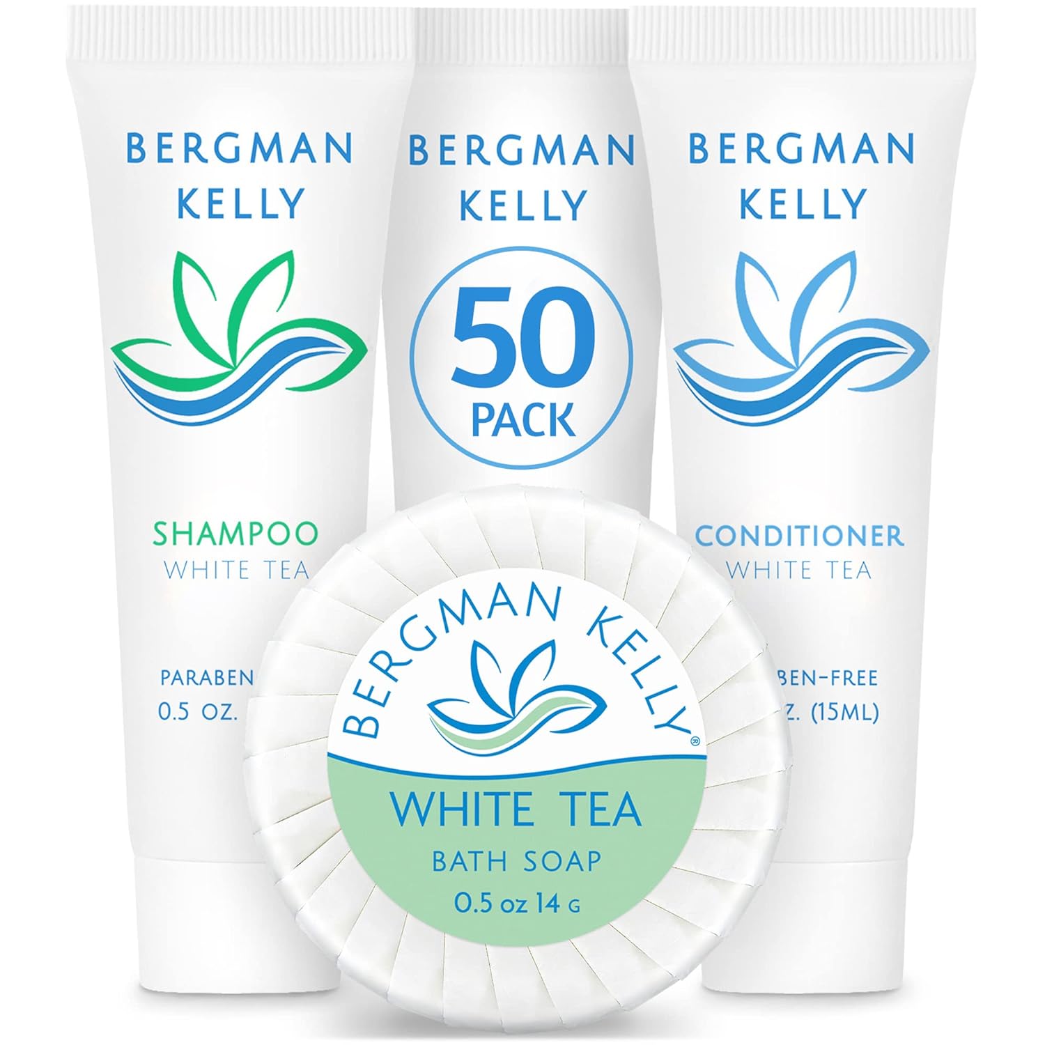 BERGMAN KELLY Round Hotel Soap Bars, Shampoo & Conditioner 3-Piece Set (0.5  each, 150 pc, White Tea), Delight Your Guests with Revitalizing & Refreshing Mini Travel Toiletries & Bulk Amenities