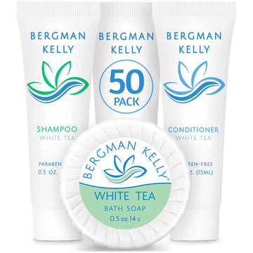 BERGMAN KELLY Round Hotel Soap Bars, Shampoo & Conditioner 3-Piece Set (0.5  each, 150 pc, White Tea), Delight Your Guests with Revitalizing & Refreshing Mini Travel Toiletries & Bulk Amenities