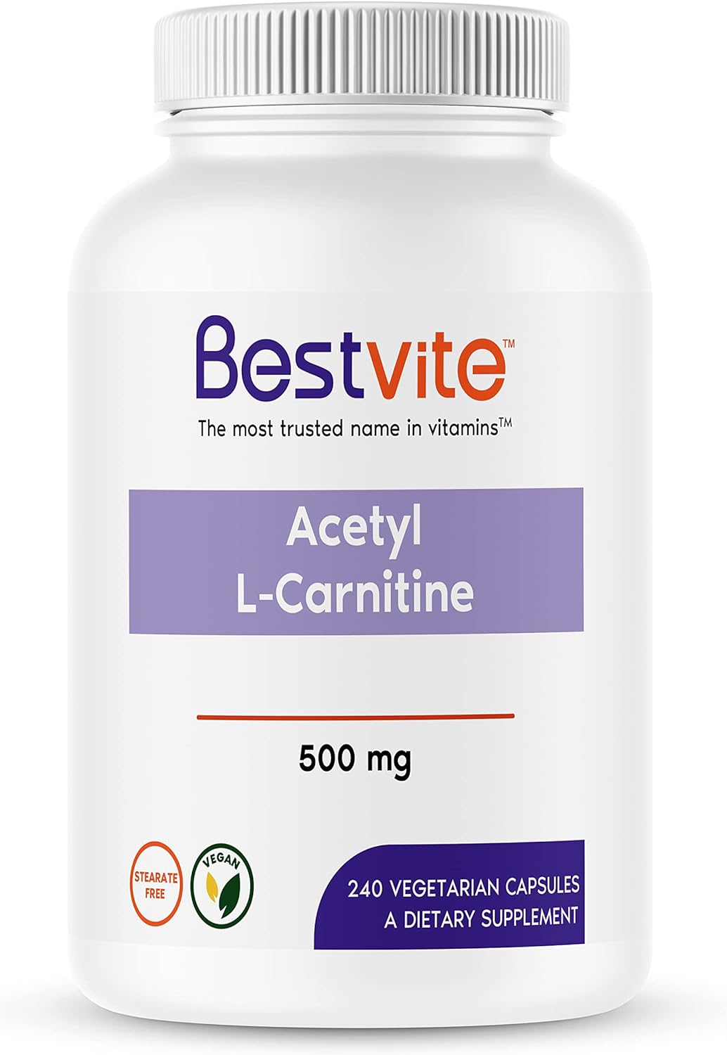 BESTVITE Acetyl L-Carnitine 500mg (240 Vegetarian Capsules) - No Stear