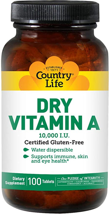 Country Life, Dry Vitamin A 10,000 I.U, Tablets, 100-Count