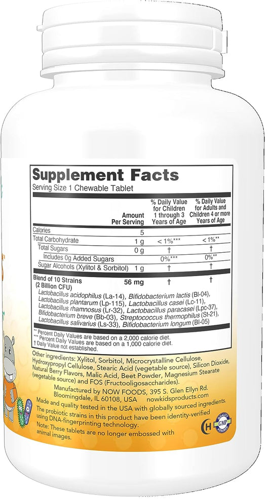 NOW Supplements, BerryDophilus? with 2 Billion, 10 Probiotic Strains, Xylitol Sweetened, Strain Verified, 120 Chewables, packaging may vary