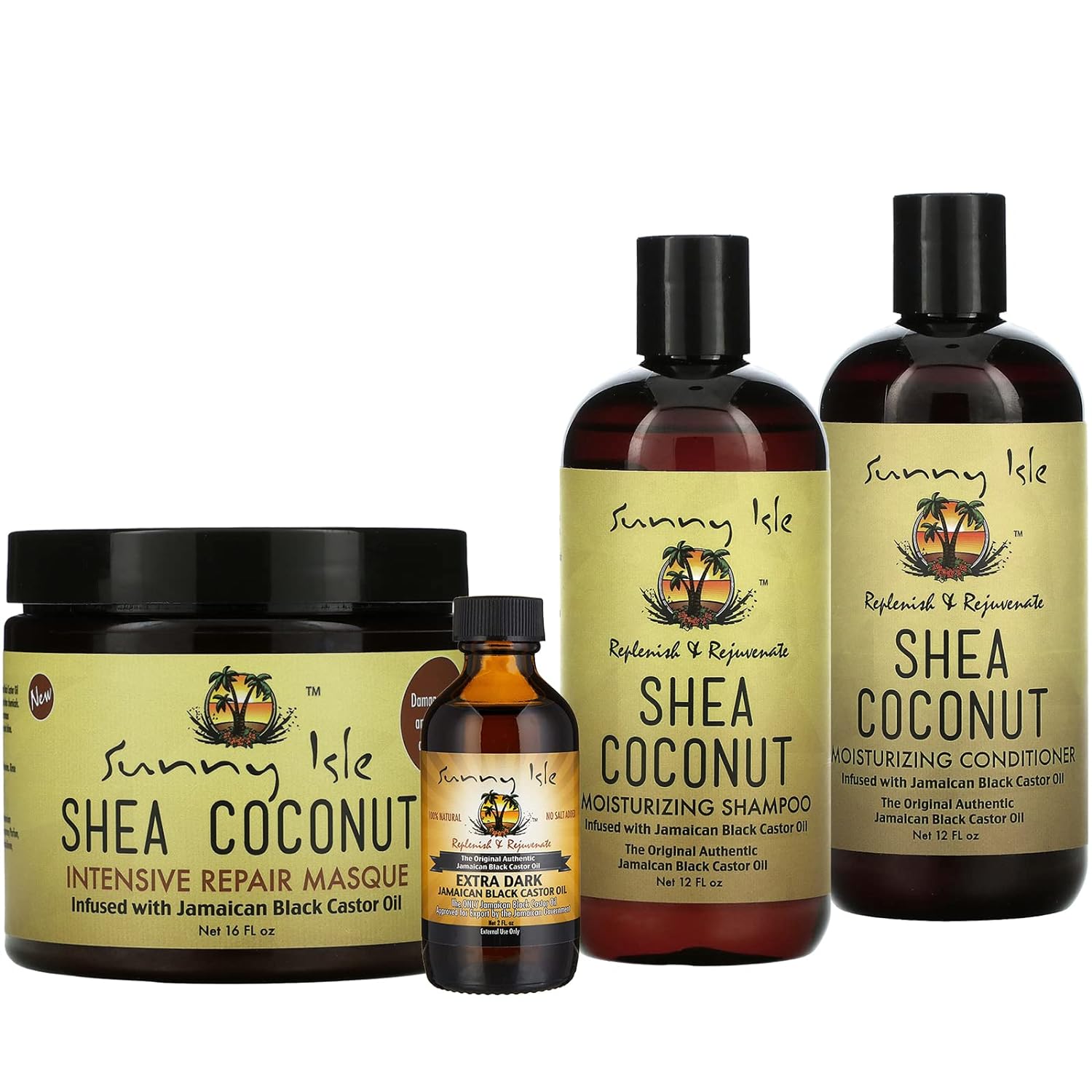 Sunny Isle Shea Coconut Moisturizing Shampoo and Conditioner 12, Intensive Repair Masque 16, Extra Dark JBCO 2 (4-Piece) Bundle | Deep Hydration - Curly Wavy Coils