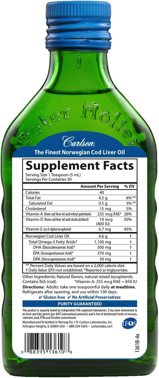 Carlson - Cod Liver Oil, Omega-3s EPA & DHA, Heart, Brain, Vision & Joint Health, Norwegian, Fruit Splash, 250 ml