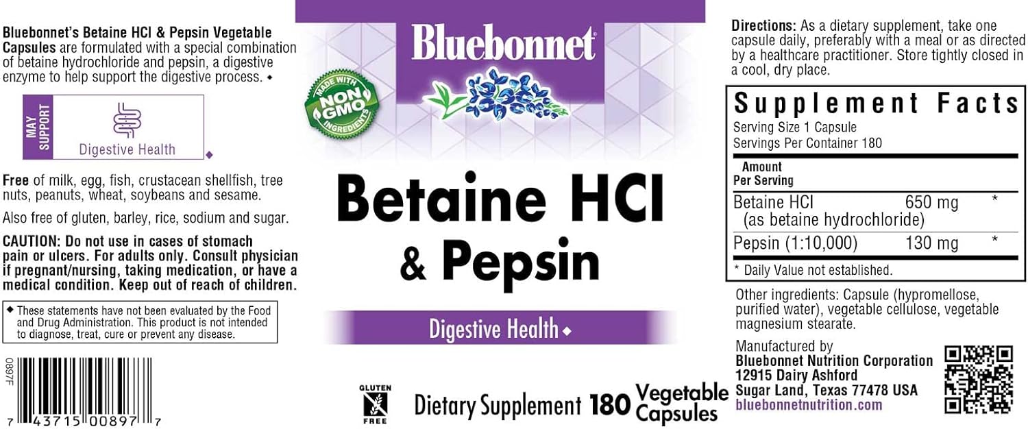 BlueBonnet Betaine HCI Plus Pepsin Vegetarian Capsules, 180 Count(Pack