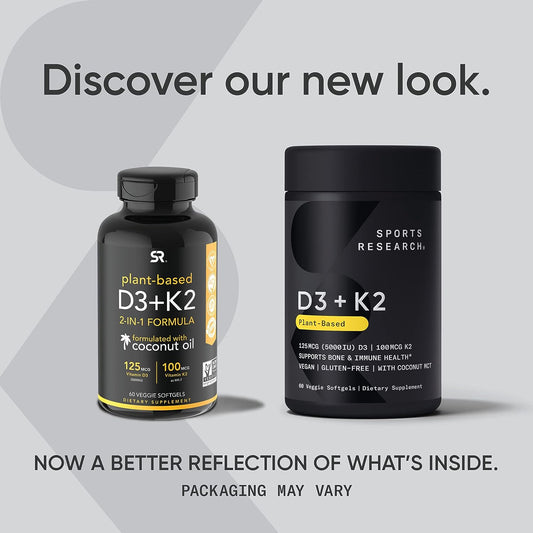 Sports Research Vitamin D3 + K2 With 5000Iu Of Plant-Based D3 & 100Mcg Of Vitamin K2 As Mk-7 Non-Gmo Verified & Vegan Ce