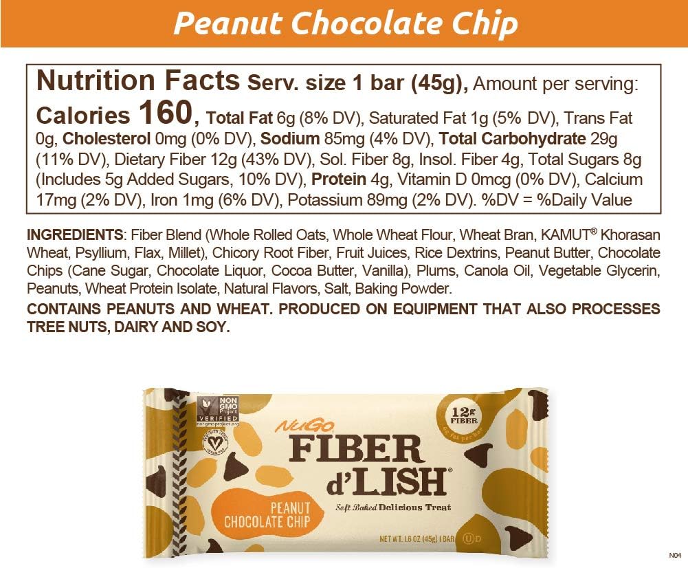 NuGO Fiber d'Lish Peanut Chocolate Chip, 12g High Fiber, Vegan, 160 Ca