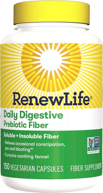 Renew Life Adult Daily Digestive Prebiotic Fiber, 150 Vegetarian Capsules (Package May Vary)