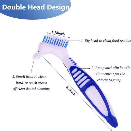 Premium Denture Cleaning Brush Set with Multi-Layered Bristles & Ergonomic Rubber Handle, Portable Denture Double Sided Brush for False Teeth Cleaning, 3 Pieces (Blue, Orange, Purple)