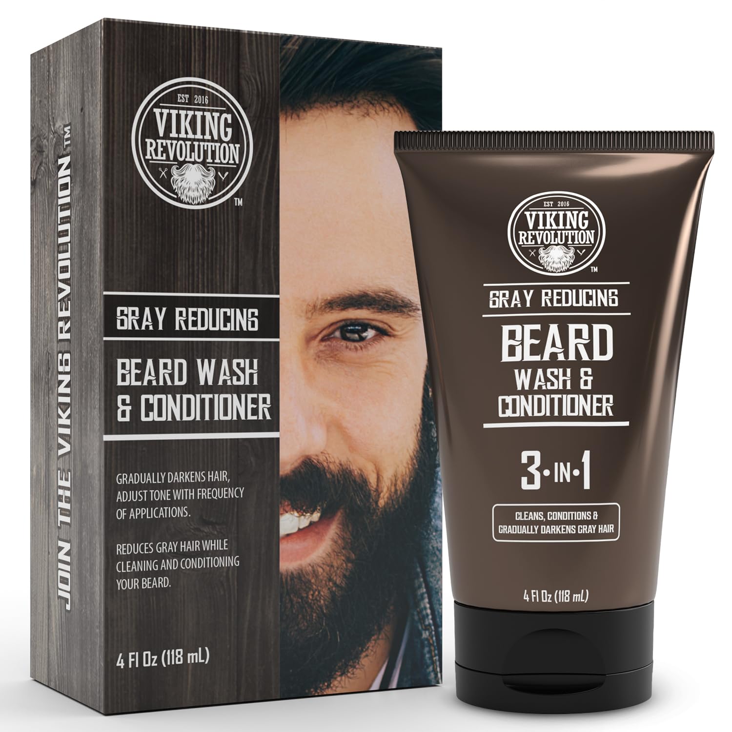 Viking Revolution Mens Beard Dye for Men Dark Brown - Grey Reducing Shampoo Beard Coloring for Men - Mens Beard Color Mustache Dye for Men - Grey Reducing Beard Wash and Conditioner (4 , Dark Brown)
