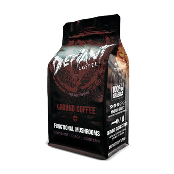Ground Mushroom Infused Arabica Coffee by Defiant | Medium Roast, Fair Trade Gourmet Coffee with Lion's Mane, Cordyceps, & Chaga Musroom Powder | Endurance, Brain, & Immune Function, Bag