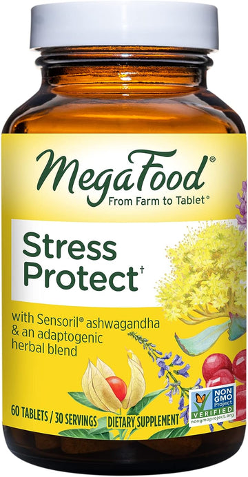 MegaFood Stress Protect with Ashwagandha & Herb Blend -Supports Healthy Stress Response - Rhodiola Root, Vegetarian, Non-GMO, Gluten-Free - Made Without 9 Food Allergens - 60 Tabs (30 Servings)