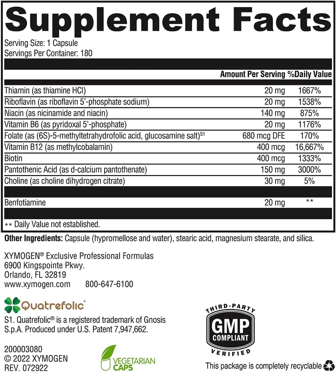 XYMOGEN B Activ Vitamin B Complex with Benfotiamine, Methylfolate, Bio