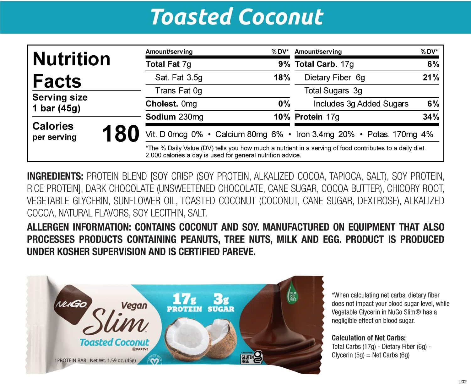 NuGo Slim Dark Chocolate Toasted Coconut, 16g Vegan Protein, 3g Sugar,