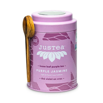 JusTea PURPLE JASMINE | Loose Leaf Purple Tea | Tin with Hand Carved Tea Spoon | 40+ Cups | Low Caffeine | Award-Winning | Fair Trade | Non-GMO