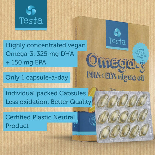 Testa Omega-3 Supplement - Vegan Based Omega 3 DHA EPA Capsules from Algae - Omega 3 Fatty acids - Supports Heart, Brain